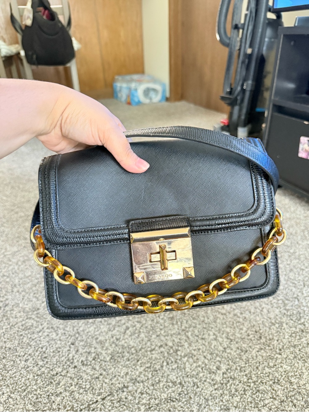 Aldo Black Crossbody with Gold Chain Accent